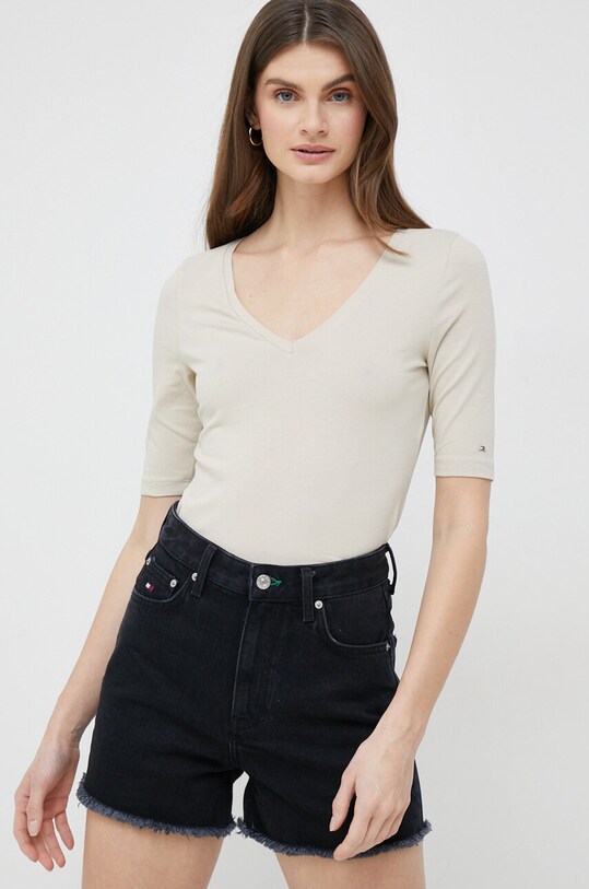 Tommy Hilfiger t-shirt z elastanem beżowy WW0WW37859.PPYX