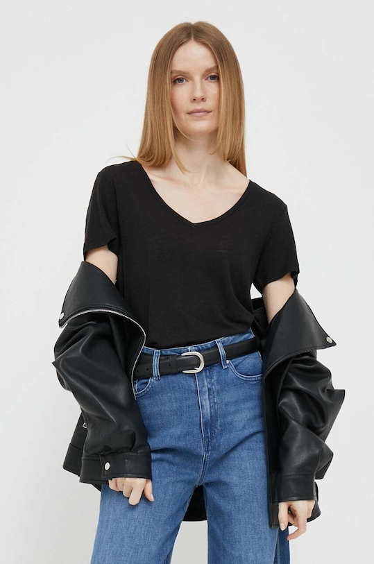 Tričko se lněnou směsí Tommy Hilfiger hladký černá WW0WW37862.PPYX