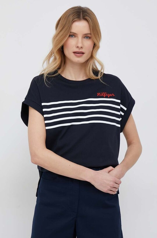 Βαμβακερό μπλουζάκι Tommy Hilfiger ρίγες σκούρο μπλε WW0WW37881.PPYX