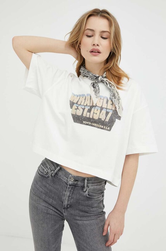 Βαμβακερό μπλουζάκι Wrangler λευκό W7S2EEW02