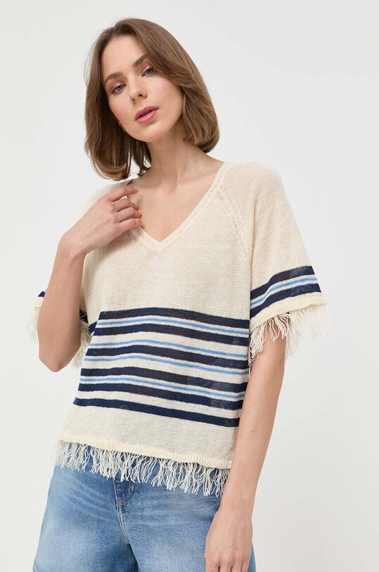 Weekend Max Mara t-shirt lniany okrągły multicolor 2353610631600