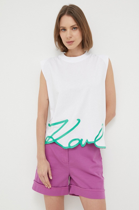 Bavlněné tričko Karl Lagerfeld kulatý bílá 231W1717