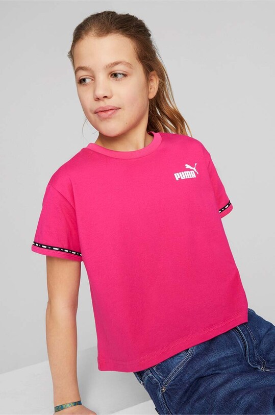 Puma t-shirt bawełniany dziecięcy PUMA POWER Tape Tee G nadruk różowy 67354464.PPYX