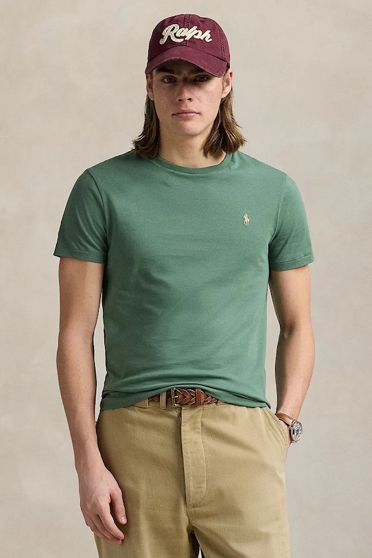 Памучна тениска Polo Ralph Lauren вталена зелен 710671438