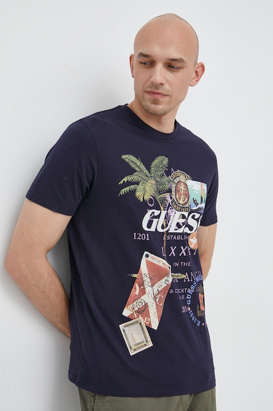 Bavlněné tričko Guess potisk námořnická modř M3GI38.KBDL0