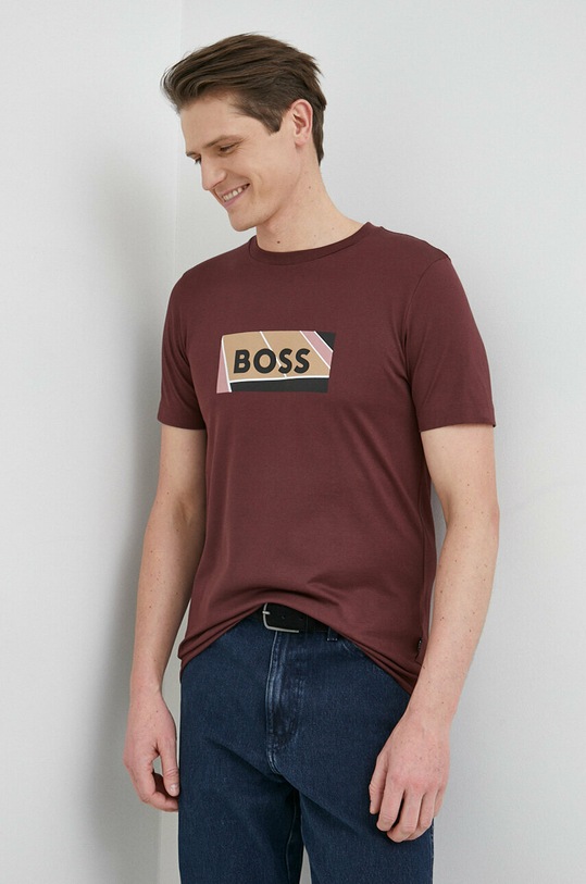 BOSS t-shirt bawełniany nadruk bordowy 50486210