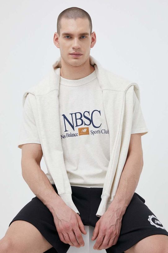 New Balance t-shirt bawełniany nadruk beżowy MT31558OTH