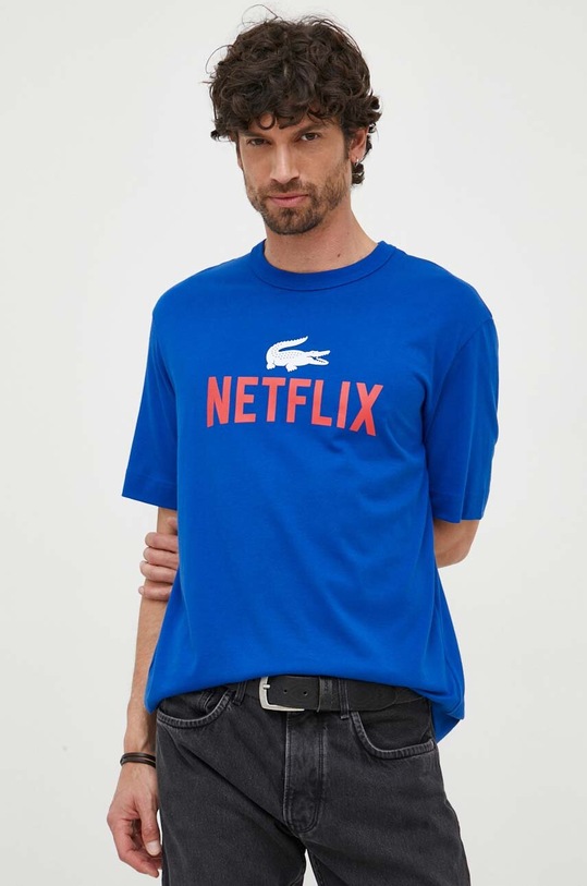 Lacoste t-shirt in cotone x Netflix sovrastampa blu TH7343