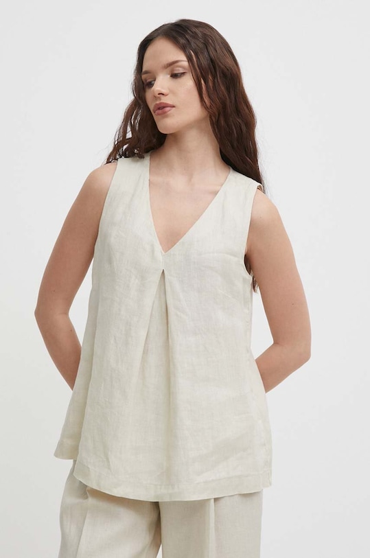 United Colors of Benetton bluzka lniana casual beżowy 5BMLDQ06W