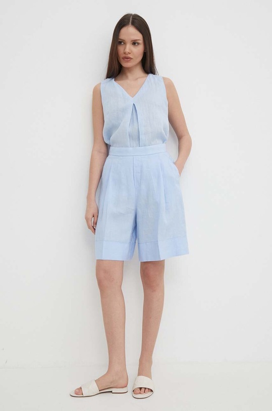 Lněná halenka United Colors of Benetton 5BMLDQ06W modrá SS25