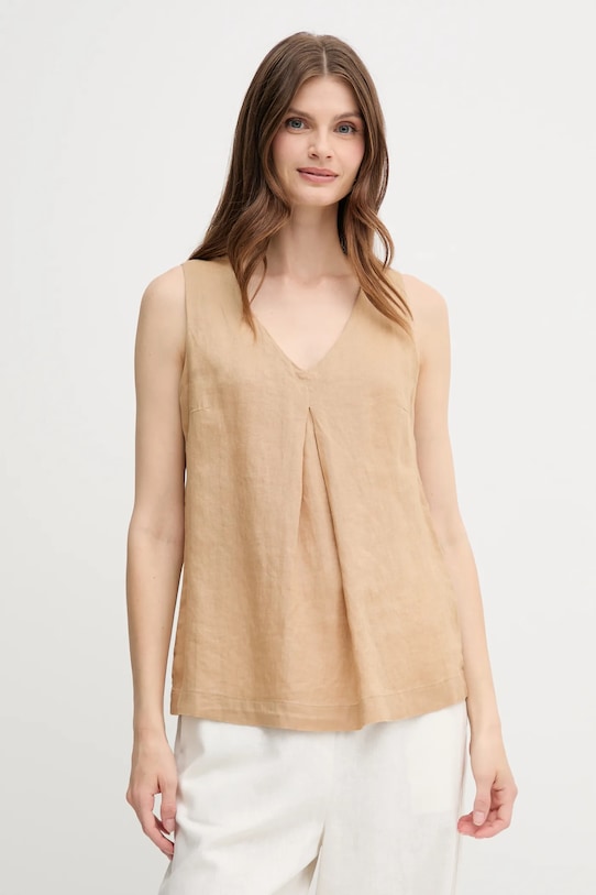 United Colors of Benetton bluzka lniana regular beżowy 5BMLDQ06W