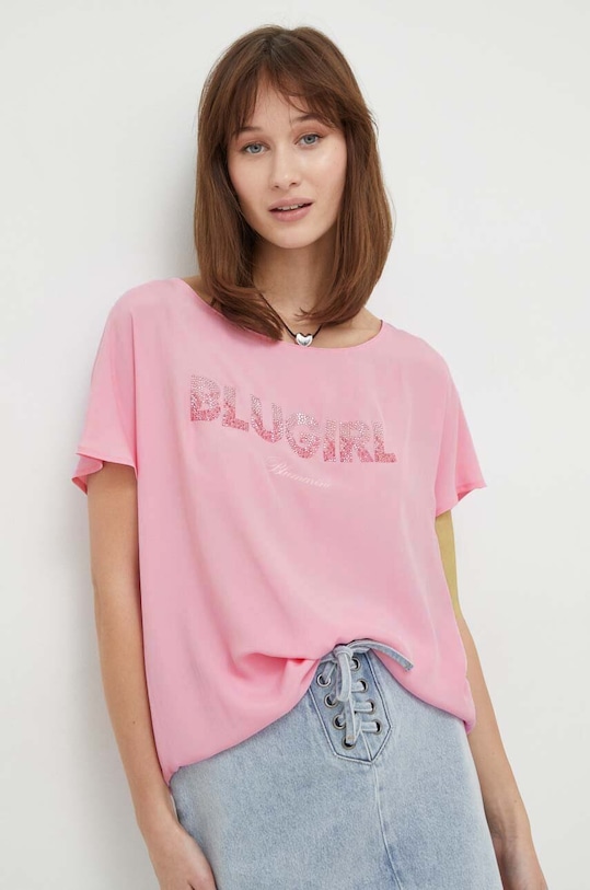 Blugirl Blumarine bluzka z domieszką jedwabiu krótki różowy RA4205.T3332