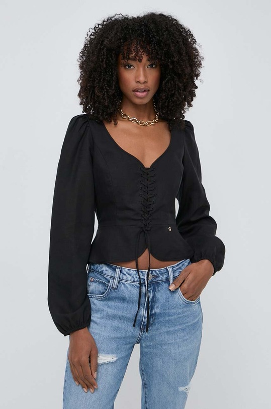 Guess bluzka z domieszką lnu FEDERICA czarny W4GH88.WG7B0