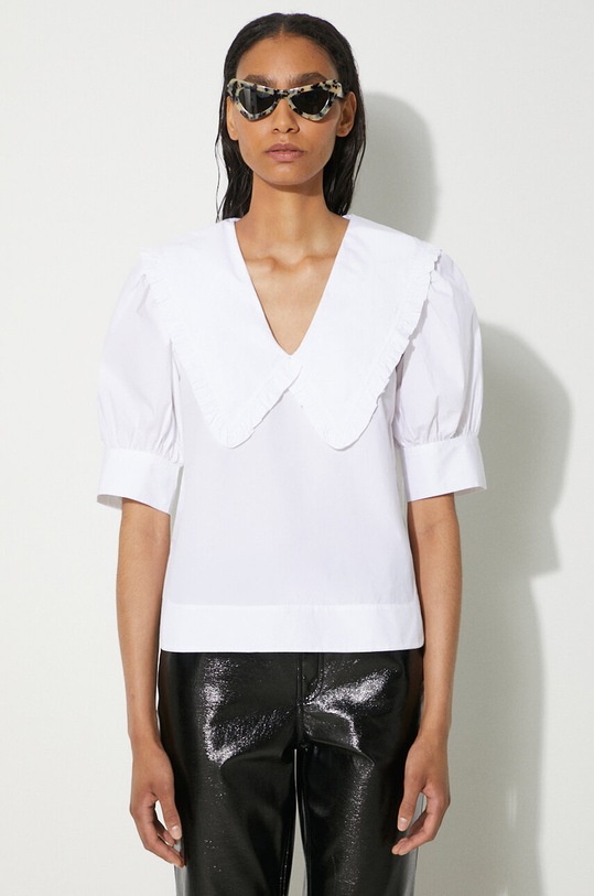GANNI cotton blouse Cotton Poplin V-neck Ruffle Blouse regular white F8635