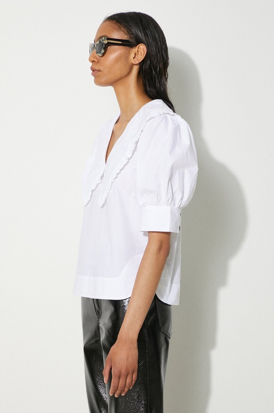 GANNI cotton blouse Cotton Poplin V-neck Ruffle Blouse white F8635
