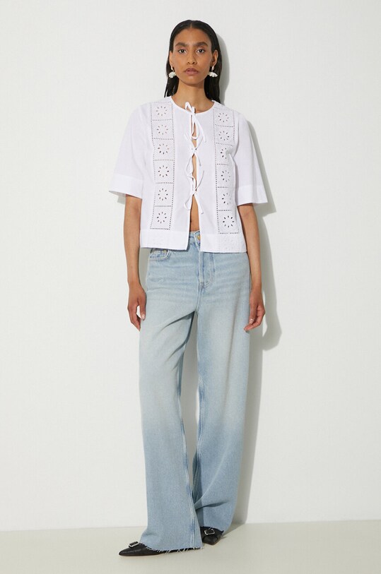 GANNI cotton shirt Broderie Anglaise Tie Blouse F9655 white SS24