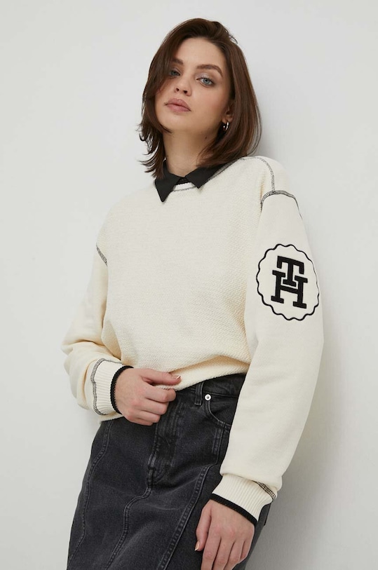 Bavlněná mikina Tommy Hilfiger bez kapuce béžová WW0WW40575