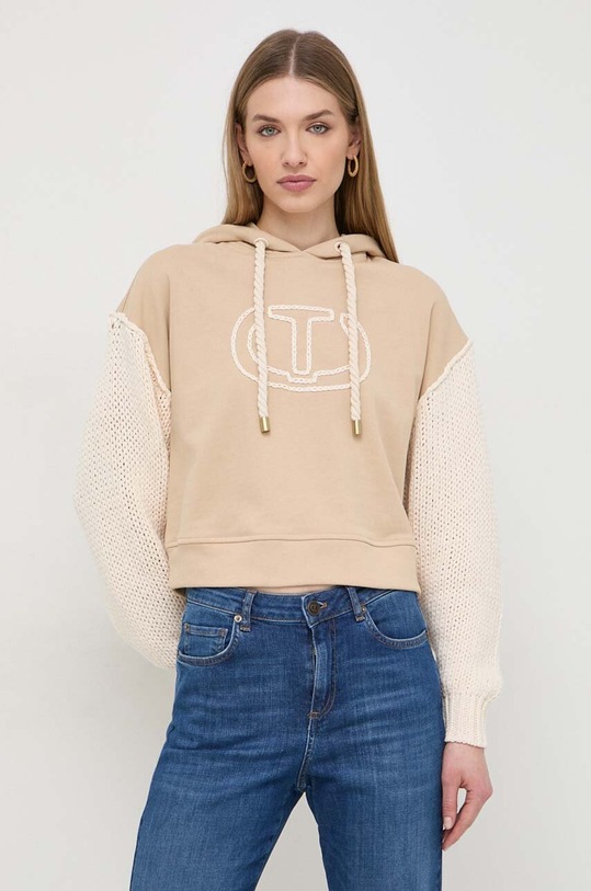 Twinset bluza bawełniana z kapturem beżowy 241TP3434