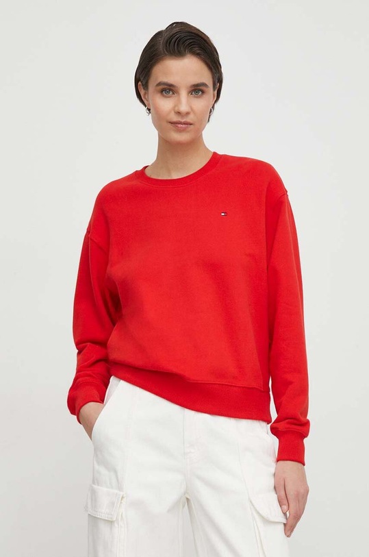Bavlněná mikina Tommy Hilfiger bez kapuce červená WW0WW41246