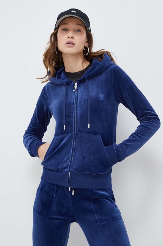 Juicy Couture bluza welurowa z kapturem granatowy JCAP176.484