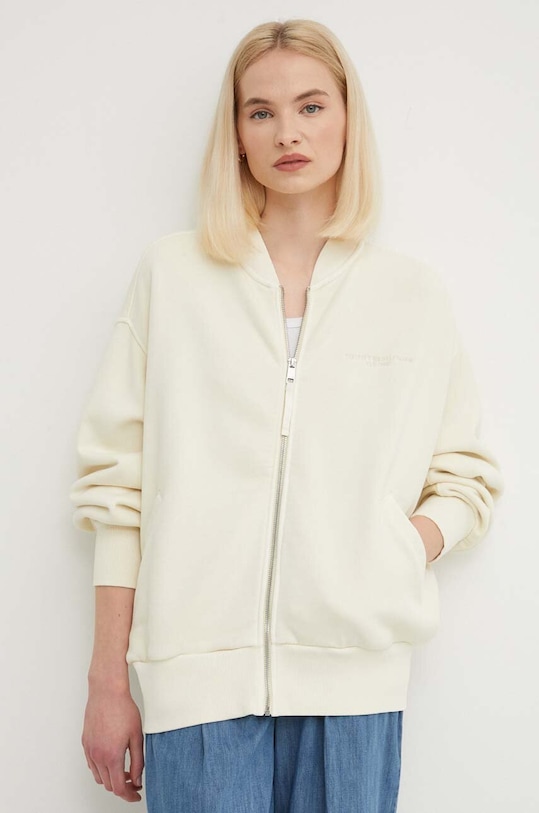 Bavlněná mikina Tommy Hilfiger bez kapuce béžová WW0WW41227
