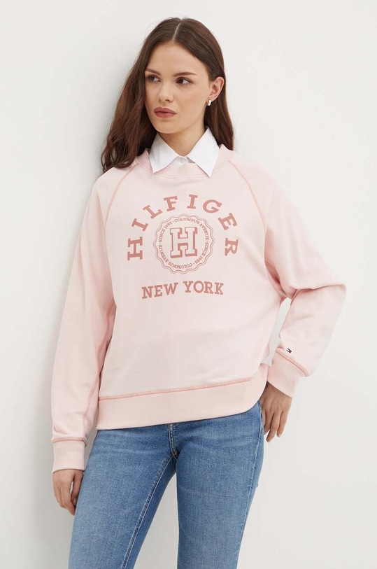 Bavlněná mikina Tommy Hilfiger bez kapuce růžová WW0WW41239