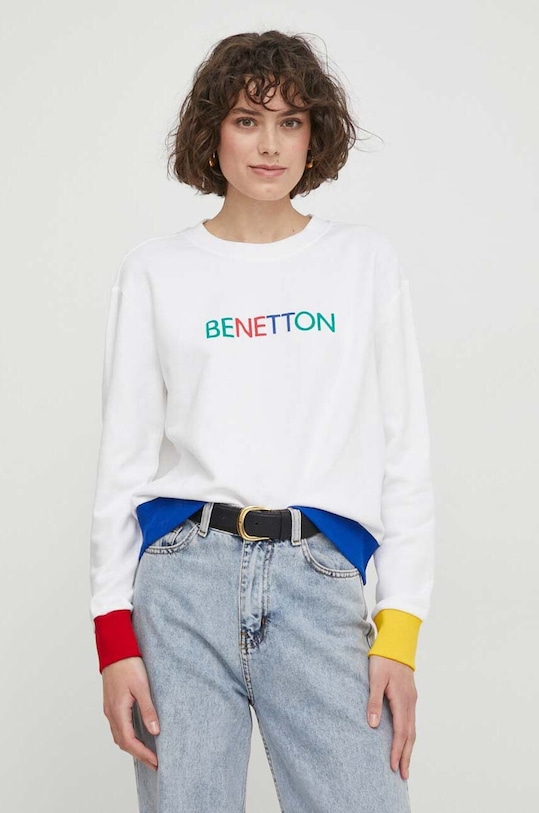 Βαμβακερή μπλούζα United Colors of Benetton χωρίς κουκούλα λευκό 3J68D1069
