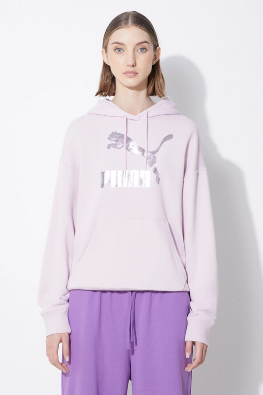 Puma bluza CLASSICS Shiny Logo Hoodie z kapturem fioletowy 625595