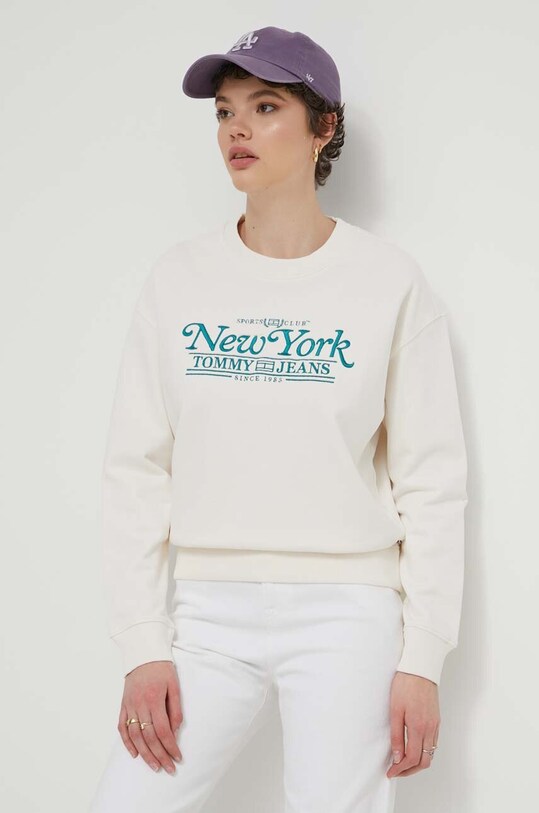 Βαμβακερή μπλούζα Tommy Jeans χωρίς κουκούλα μπεζ DW0DW17786