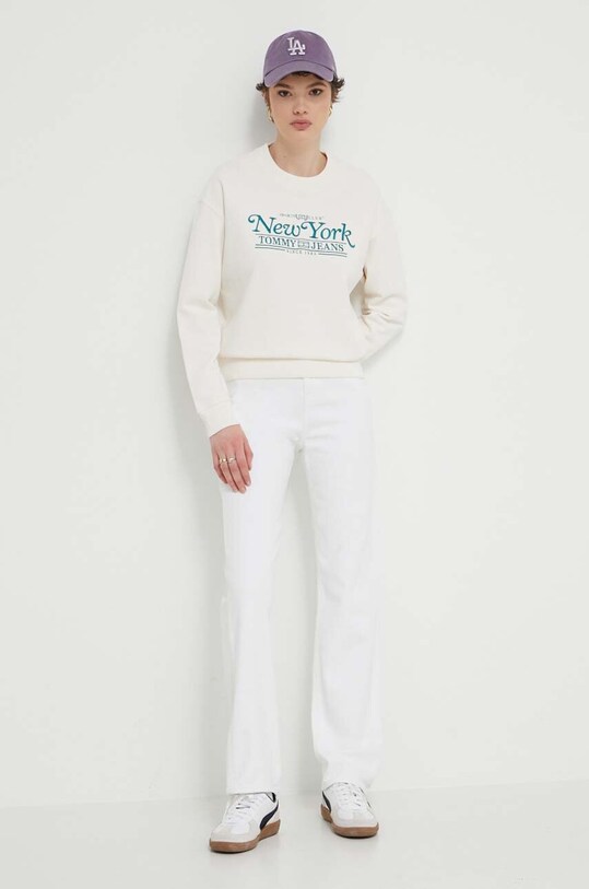 Βαμβακερή μπλούζα Tommy Jeans DW0DW17786 μπεζ SS24
