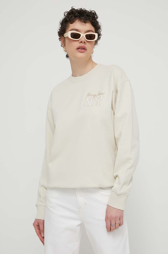 Bavlněná mikina Tommy Jeans bez kapuce béžová DW0DW17788