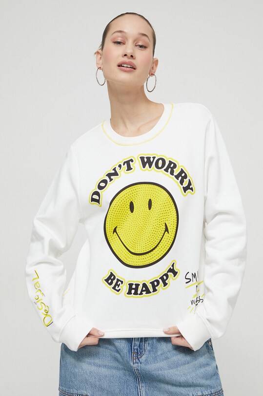 Desigual hanorac de bumbac x Smiley imprimeu alb 24SWSK58