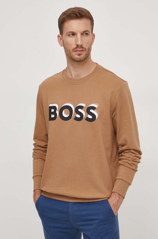 Bavlněná mikina BOSS bez kapuce béžová 50507939