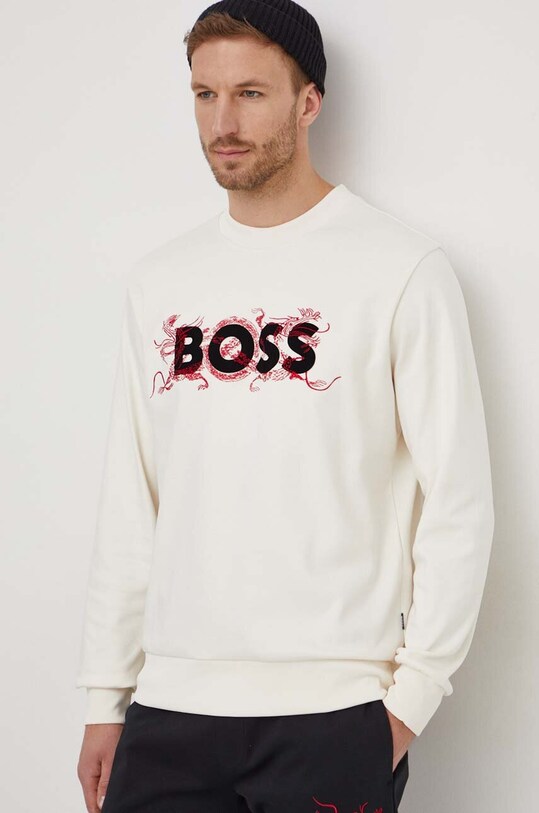 BOSS hanorac de bumbac imprimeu bej 50510132