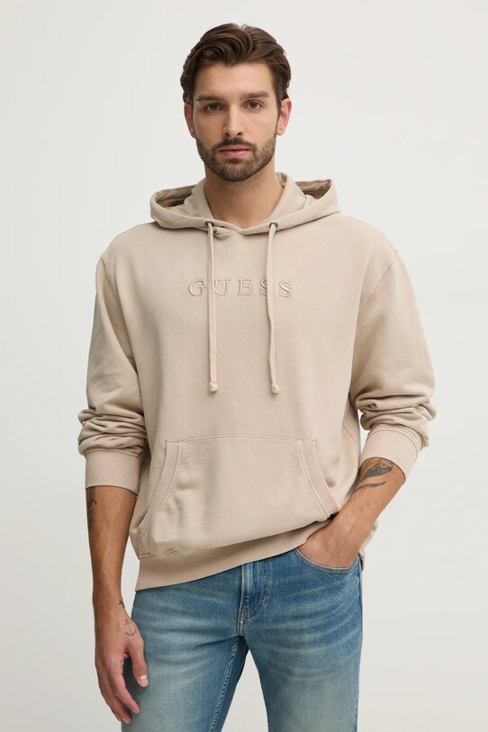 Βαμβακερή μπλούζα Guess FINCH με κουκούλα μπεζ M4RQ33.K9YI1
