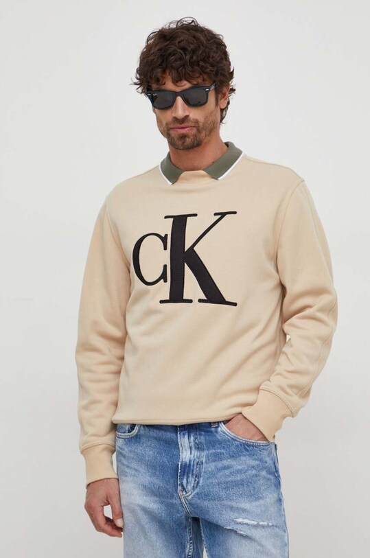 Dukserica Calvin Klein Jeans natpis bež J30J325028