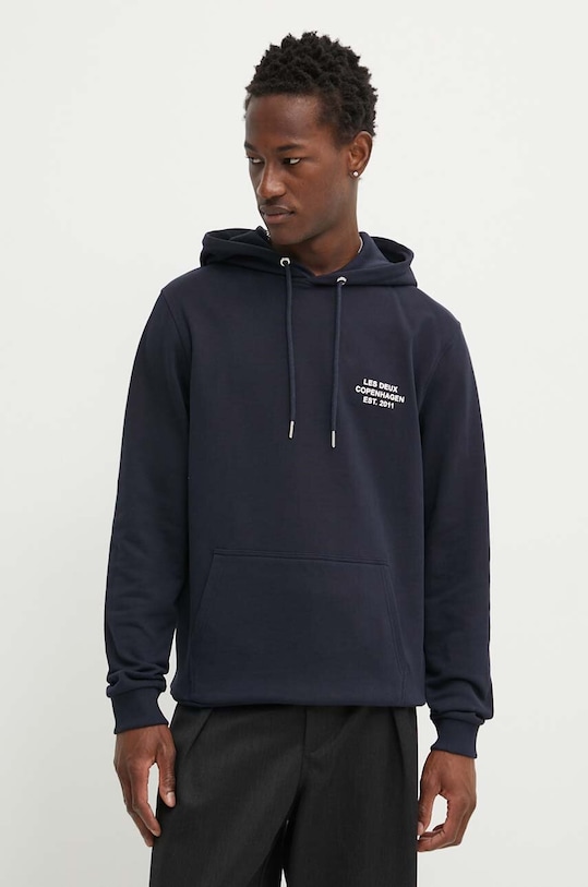 Бавовняна кофта Les Deux з капюшоном темно-синій LDM201099
