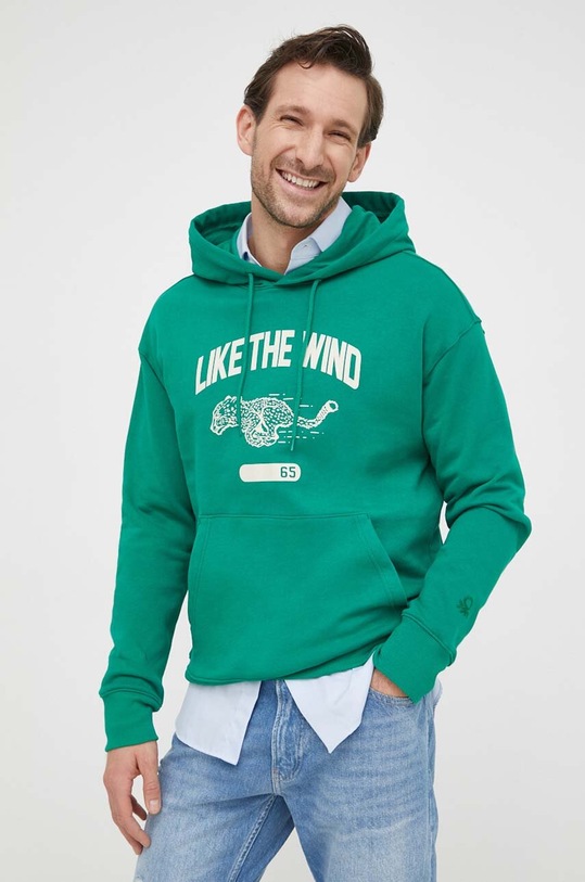 Bavlněná mikina United Colors of Benetton s kapucí zelená 3L0XU201E