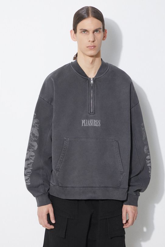 Памучен суичър PLEASURES Skull Spiral Quarter Zip надпис сив P24SP035.BLACK
