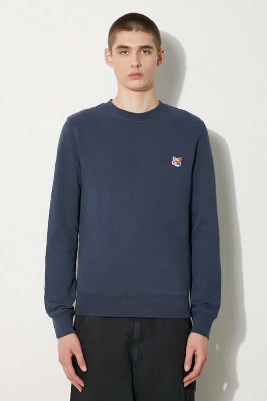 Bavlněná mikina Maison Kitsuné Fox Head Patch Regular Sweatshirt hladký námořnická modř LM00301KM0001