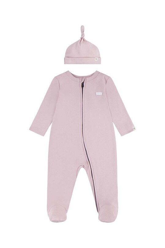 Дитячі бавовняні повзунки Levi's LVN FOOTED COVERALL & HAT SET рожевий 6EK247.G