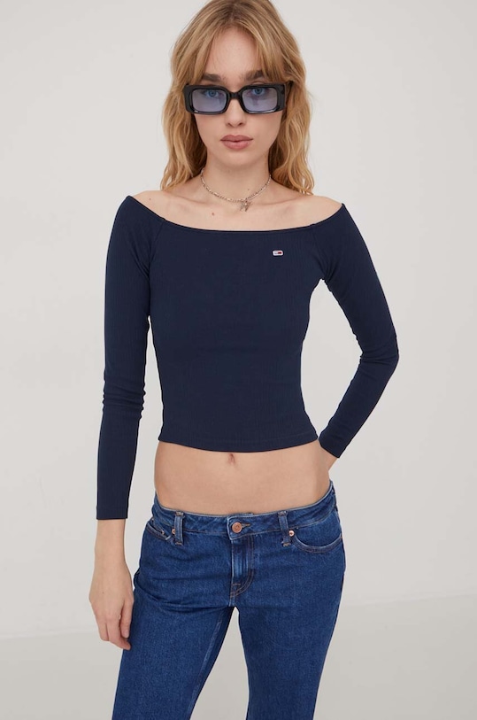 Tričko s dlouhým rukávem Tommy Jeans slim námořnická modř DW0DW17535