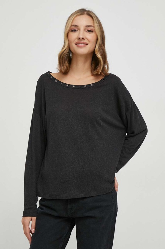 Pepe Jeans longsleeve din amestec de in uni negru PL505738