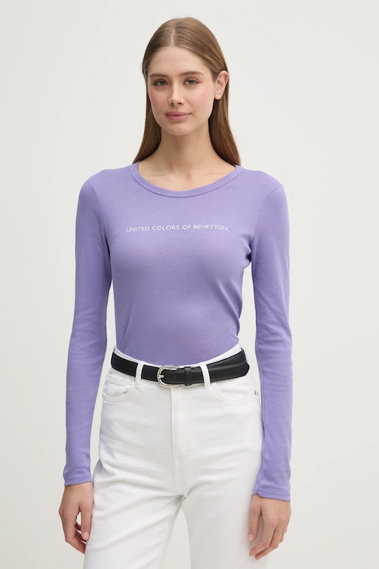 Bavlnené tričko s dlhým rukávom United Colors of Benetton potlač fialová 3GA2E16G0