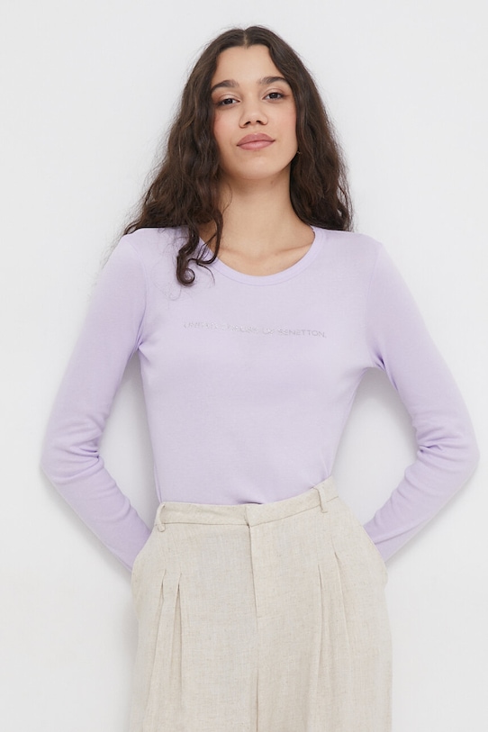 Bavlnené tričko s dlhým rukávom United Colors of Benetton potlač fialová 3GA2E16G0
