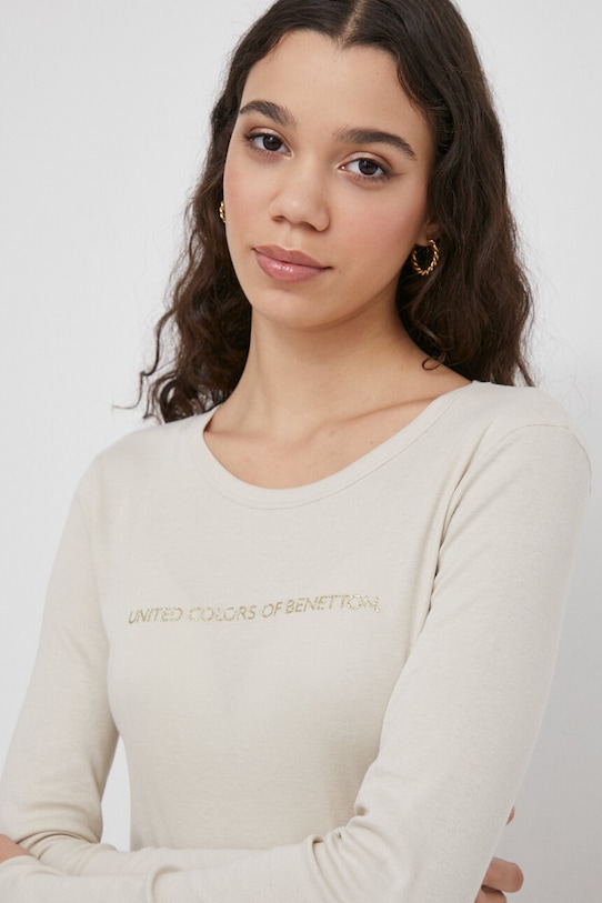 Bombažna majica z dolgimi rokavi United Colors of Benetton bež 3GA2E16G0
