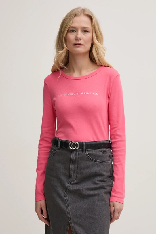 United Colors of Benetton longsleeve bawełniany nadruk różowy 3GA2E16G0