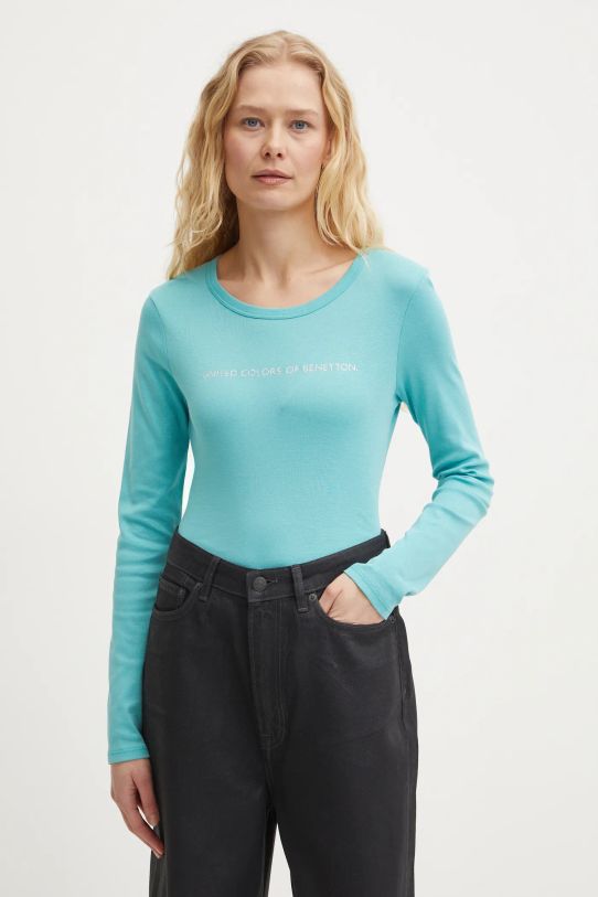 United Colors of Benetton longsleeve bawełniany turkusowy 3GA2E16G0