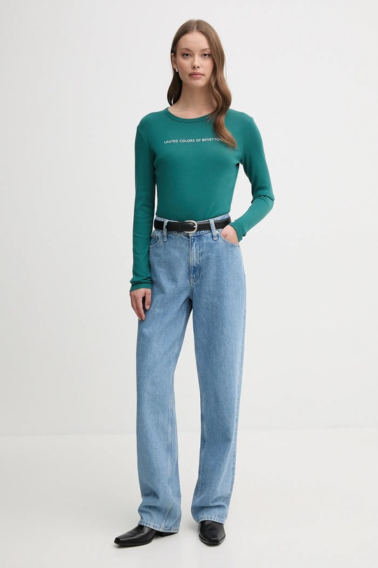 Bombažna majica z dolgimi rokavi United Colors of Benetton 3GA2E16G0 turkizna AW25