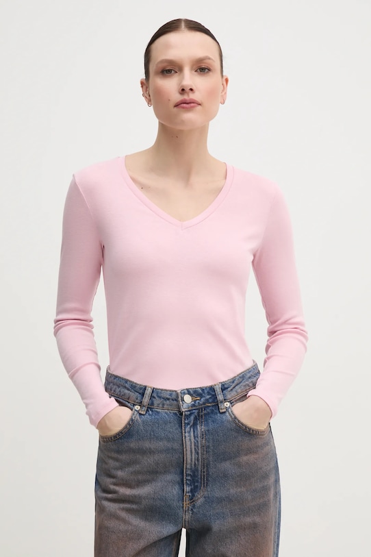 United Colors of Benetton longsleeve din bumbac uni roz 3GA2E4245